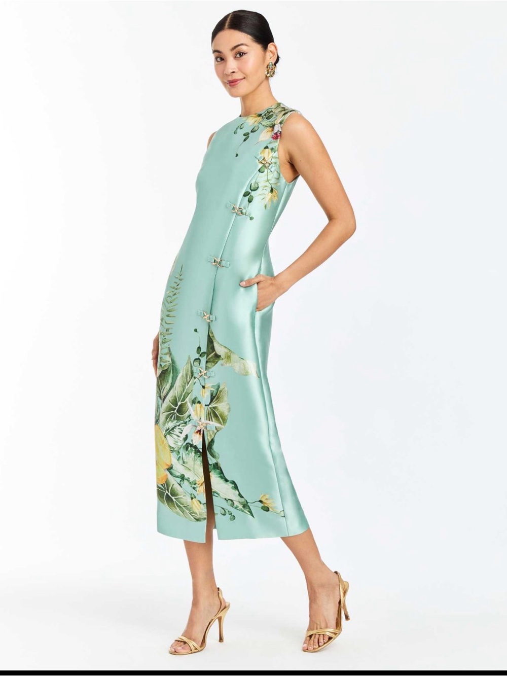 Sleeveless Mint Botanical Print Midi Dress